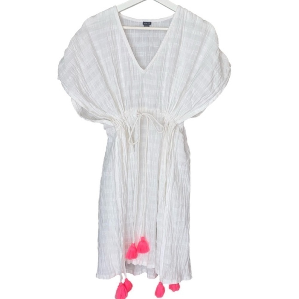 AERIE Coverup Beach Pool Oversized Drawstring Pink Tassels White Womens XS-S - Picture 4 of 12